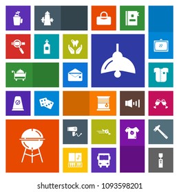 Modern, simple, colorful vector icon set with hair, new, blow, shirt, alcohol, red, light, electricity, water, communication, interior, barbecue, flight, bulb, cup, hairdryer, departure, care icons