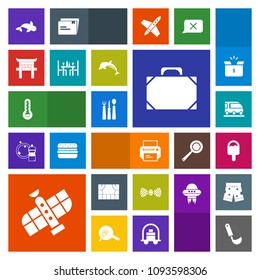 Modern, simple, colorful vector icon set with print, travel, ladle, planet, cooking, fork, sign, bag, fish, temperature, van, equipment, knife, spoon, elegance, theater, soup, thermometer, torii icons