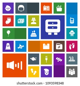 Modern, simple, colorful vector icon set with sad, volume, white, glass, saturn, food, slipper, birthday, warm, spaceship, baby, celebration, clothing, new, drink, shirt, red, technology, socks icons