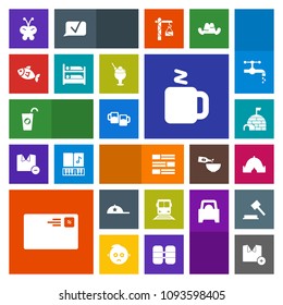 Modern, simple, colorful vector icon set with headwear, hot, cap, igloo, fruit, bar, fashion, internet, seafood, juice, butterfly, newspaper, train, mail, ice, outdoor, tent, transportation, pub icons