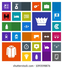Modern, simple, colorful vector icon set with king, bed, hammer, kitchen, clothing, craft, travel, crown, technology, north, game, space, royal, banner, hotel, cloud, table, jacket, spaceship icons