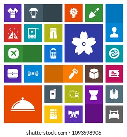 Modern, simple, colorful vector icon set with restaurant, book, japanese, brochure, mobile, asia, vehicle, sakura, spring, adventure, costume, car, cleaner, plane, airplane, outdoor, camp, broom icons