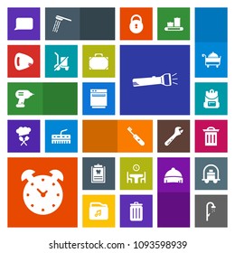 Modern, simple, colorful vector icon set with garbage, watch, dentist, flashlight, school, drill, time, oven, family, hygiene, industry, bath, waste, care, clean, home, trash, patient, guitar icons