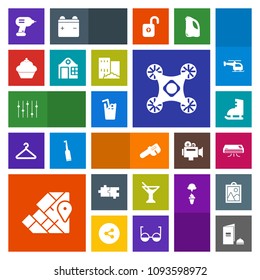 Modern, simple, colorful vector icon set with camera, travel, summer, doughnut, hammer, house, estate, cocktail, sport, equality, repair, security, transport, atlas, world, can, juice, cold, air icons