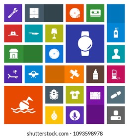 Modern, simple, colorful vector icon set with flight, sale, ufo, spanner, telephone, space, person, fiction, baby, disc, phone, child, communication, gadget, hammer, airplane, account, kid, buoy icons