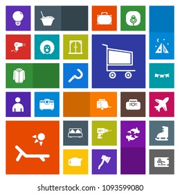 Modern, simple, colorful vector icon set with equipment, bed, bulb, happy, aircraft, machine, sickle, idea, travel, plane, airplane, vacation, work, trolley, transportation, background, harvest icons
