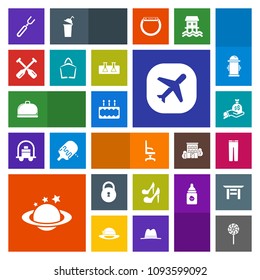 Modern, simple, colorful vector icon set with water, fork, girl, planet, home, chair, pants, clothing, paddle, knife, high, airplane, business, cake, lock, service, food, interior, beauty, sack icons