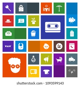 Modern, simple, colorful vector icon set with pot, luggage, tape, cooking, hipster, music, bag, graphic, dish, texas, fashion, technology, childhood, phone, medicine, travel, equipment, internet icons