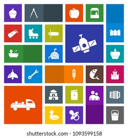Modern, simple, colorful vector icon set with baby, temple, technology, chemistry, igloo, pagoda, sweet, arctic, science, doughnut, child, shipping, station, bath, space, ice, house, water, sand icons