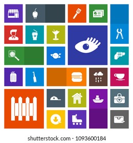 Modern, simple, colorful vector icon set with handgun, bag, fence, drink, pistol, firearm, girl, beautiful, hat, barrier, space, coffee, business, fashion, wall, clothing, saturn, , sale, planet icons
