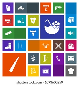 Modern, simple, colorful vector icon set with juice, wheat, sound, sea, chief, harvest, vacuum, estate, pump, knife, real, agriculture, call, snorkel, meat, volume, cold, communication, house icons