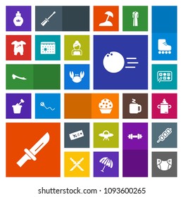 Modern, simple, colorful vector icon set with spaceship, care, ticket, sport, bowling, cake, fun, bottle, chinese, newborn, doughnut, knife, food, aroma, dinner, flight, baby, nutrition, clothes icons