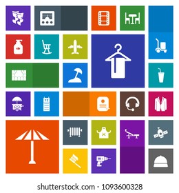 Modern, simple, colorful vector icon set with hat, umbrella, cargo, office, wagasa, boiler, airplane, floral, theater, chair, japan, furniture, spring, chief, palm, island, hot, suit, clean, sea icons