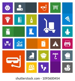 Modern, simple, colorful vector icon set with mask, decoration, medical, printer, machine, coffee, medicine, rubber, sea, package, duck, water, restaurant, footwear, print, food, technology, toy icons