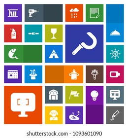 Modern, simple, colorful vector icon set with ship, library, sea, office, staple, wheel, patriotism, tent, screen, sickle, book, agriculture, monitor, nautical, wind, technology, stationery, pen icons