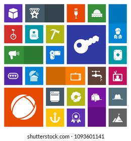 Modern, simple, colorful vector icon set with dessert, spanner, play, key, poker, equipment, gas, sunrise, cube, loudspeaker, square, boy, identity, element, communication, ball, game, man, tv icons
