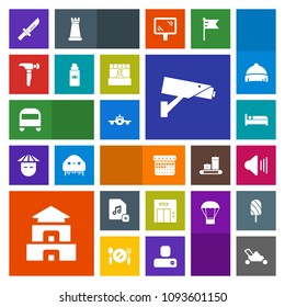 Modern, simple, colorful vector icon set with restaurant, modern, transportation, sound, elevator, bed, fork, schedule, music, calendar, transport, add, security, knife, camera, time, volume, up icons
