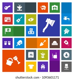 Modern, simple, colorful vector icon set with travel, beauty, drink, face, glass, shovel, childhood, red, toy, brush, bottle, baby, japanese, construction, housework, comfortable, girl, guitar icons