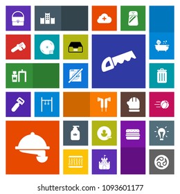 Modern, simple, colorful vector icon set with service, bag, work, trash, account, disc, can, liquid, game, scan, restaurant, xray, user, japanese, soap, football, food, wash, dont, soccer, dvd icons