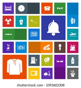 Modern, simple, colorful vector icon set with cooler, transportation, restaurant, drum, sound, belt, call, cradle, decoration, bell, airport, celebration, airplane, cup, home, kite, gasoline icons