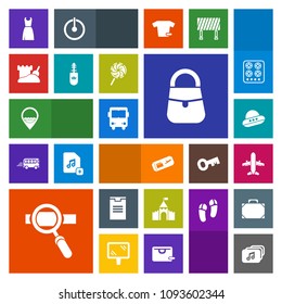 Modern, simple, colorful vector icon set with tower, laptop, research, fashion, travel, delivery, plane, location, ticket, gas, black, sweet, mascara, box, air, music, kitchen, candy, bus, job icons