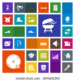 Modern, simple, colorful vector icon set with bunny, dvd, shell, headwear, news, white, cap, nature, tower, laboratory, bbq, wrench, test, hat, rabbit, science, internet, meat, barbecue, shine icons
