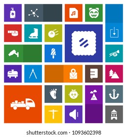 Modern, simple, colorful vector icon set with foot, baby, landscape, sound, sad, location, stamp, dessert, map, ice, travel, postage, tape, safety, small, food, sticky, happy, summer, sign, kid icons