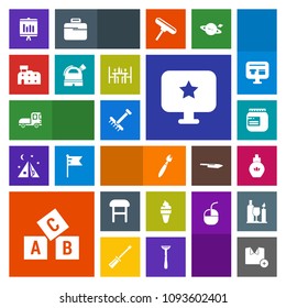 Modern, simple, colorful vector icon set with brush, truck, perfume, report, gardening, jar, education, city, annual, glass, t-shirt, rake, architecture, vehicle, transport, delivery, autumn icons