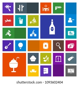 Modern, simple, colorful vector icon set with cream, airplane, ice, flight, price, play, music, sweet, construction, discount, doughnut, pulse, helmet, medieval, heart, laptop, travel, health icons