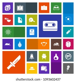 Modern, simple, colorful vector icon set with cutlery, audio, sky, fork, music, grill, dentist, plate, table, knife, food, cassette, nautical, medical, ship, menu, sound, glass, clinic, retro icons