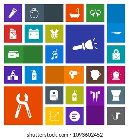 Modern, simple, colorful vector icon set with sweet, service, magic, industrial, flashlight, sound, battery, drill, identity, music, full, shine, paint, map, dessert, video, work, reparation icons