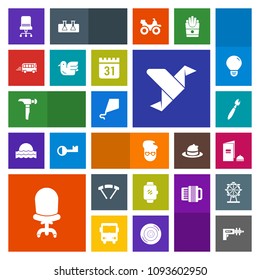 Modern, simple, colorful vector icon set with chair, interior, creative, jump, gadget, parachute, fashion, hammer, speed, science, technology, kite, watch, saw, comfortable, transport, retro icons
