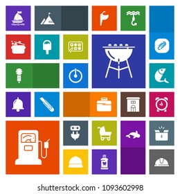 Modern, simple, colorful vector icon set with fish, time, seafood, safety, baby, button, grill, sea, briefcase, hat, helmet, meat, power, cooking, plug, gasoline, music, board, food, electricity icons
