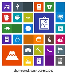 Modern, simple, colorful vector icon set with chocolate, baby, tool, fitness, hammer, disc, drink, crater, disk, projector, picture, worker, folder, carriage, lava, photo, belt, sweet, spanner icons
