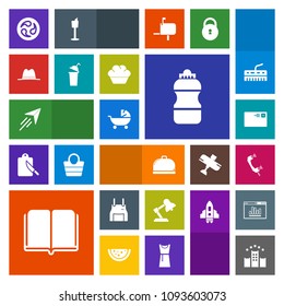 Modern, simple, colorful vector icon set with telephone, send, vacation, cook, drink, call, fly, kid, literature, pram, japan, letter, flight, hotel, food, book, restaurant, phone, child, hat icons