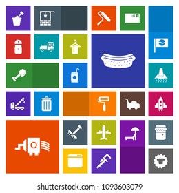 Modern, simple, colorful vector icon set with liquid, rocket, dinner, clothing, drink, airplane, cold, paint, pepper, shirt, construction, space, hotdog, play, salt, plane, cooking, roll, grater icons