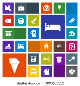 Modern, simple, colorful vector icon set with film, sea, space, craft, double, calendar, travel, timetable, food, toy, ice, kitchen, shirt, bed, schedule, day, video, hotel, time, equipment icons