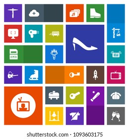 Modern, simple, colorful vector icon set with notification, computer, red, construction, document, female, wine, screen, music, transportation, home, glass, cloud, dryer, road, tv, transport icons