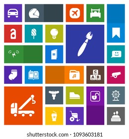 Modern, simple, colorful vector icon set with hotel, brochure, cannon, energy, motel, food, vehicle, file, sign, idea, paint, book, light, sausage, music, doughnut, face, dinner, truck, footwear icons
