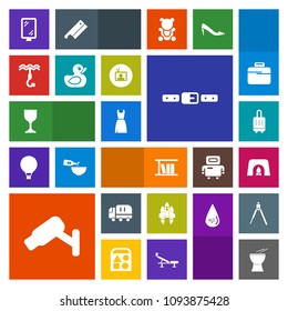 Modern, simple, colorful vector icon set with car, toy, transport, belt, road, dress, fire, fashion, craft, luggage, music, library, bag, percussion, warm, alcohol, christmas, home, rocket, duck icons