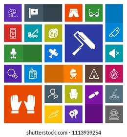 Modern, simple, colorful vector icon set with food, astronaut, mobile, airplane, chair, flight, search, space, computer, roller, plane, roll, tool, mute, office, grill, paint, online, internet icons