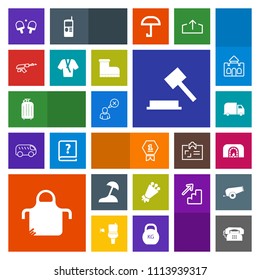 Modern, simple, colorful vector icon set with justice, winner, gun, law, judge, home, bouquet, first, achievement, luggage, warm, kitchen, pinafore, travel, military, sea, floral, online, weapon icons