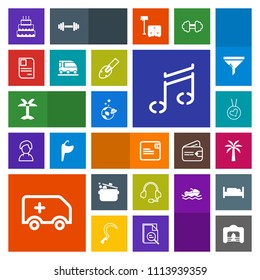 Modern, simple, colorful vector icon set with business, money, cake, car, warm, , astronaut, medical, personal, rescue, note, kitchen, music, space, pie, id, dollar, ambulance, palm, purse, leaf icons