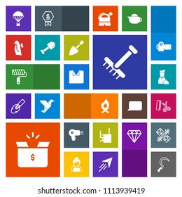 Modern, simple, colorful vector icon set with container, desk, waiter, roll, raking, pack, fashion, penguin, box, hairdryer, cardboard, brush, sky, white, parachute, rake, shirt, gardening, work icons