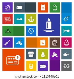 Modern, simple, colorful vector icon set with property, decoration, light, increase, lock, phone, sign, drop, dump, time, home, fight, currency, clothes, glove, candle, house, protection, unlock icons