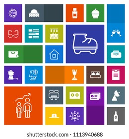 Modern, simple, colorful vector icon set with search, vision, service, call, package, achievement, music, spy, white, watch, drink, bag, place, development, casette, beverage, first, object, fun icons