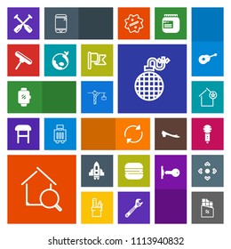 Modern, simple, colorful vector icon set with bar, explosion, estate, snack, search, watch, sandwich, cheeseburger, craft, house, bomb, gadget, paddle, hammer, arrow, burger, screen, voice, food icons