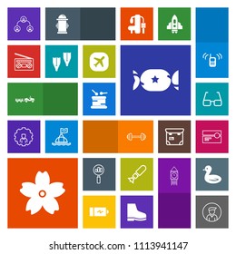 Modern, simple, colorful vector icon set with tape, candy, instrument, hierarchy, sakura, workout, flower, truck, cherry, war, business, shipping, male, magnifying, lollipop, drum, sport, radio icons