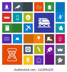 Modern, simple, colorful vector icon set with hair, plane, notebook, home, bird, birdhouse, sand, wooden, bell, bed, house, celebration, travel, sign, paper, book, pen, time, train, drawing, air icons