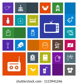 Modern, simple, colorful vector icon set with transportation, computer, screen, equipment, usb, luggage, television, book, helicopter, park, suitcase, sound, travel, sky, tag, dentistry, clothes icons